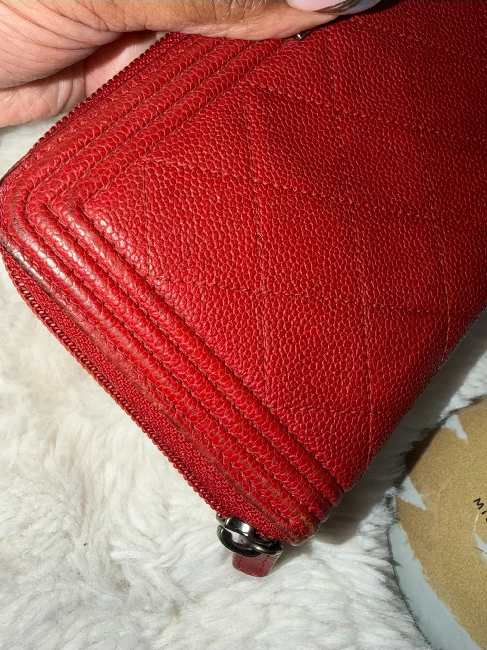CHANEL Red Quilted Caviar Leather Leboy Zip Wallet- GOOD CONDITION